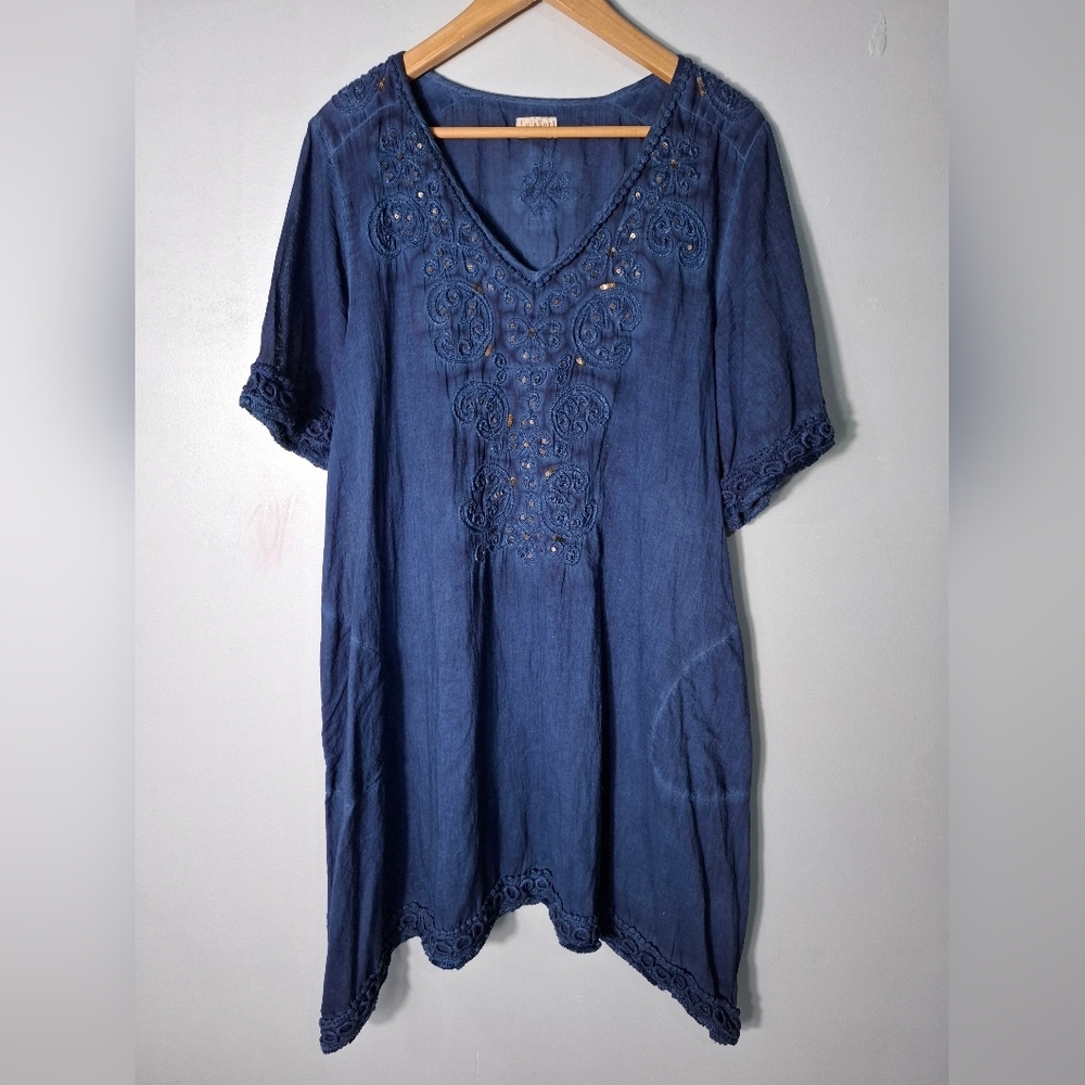 Lula Soul Blue Embroidered Cottton Boho Peasent Dress Sequin Pockets Resort Sz L